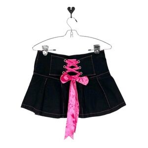 Vintage Y2K Morbid Threads black pleated skirt with corset bow in back sz Small